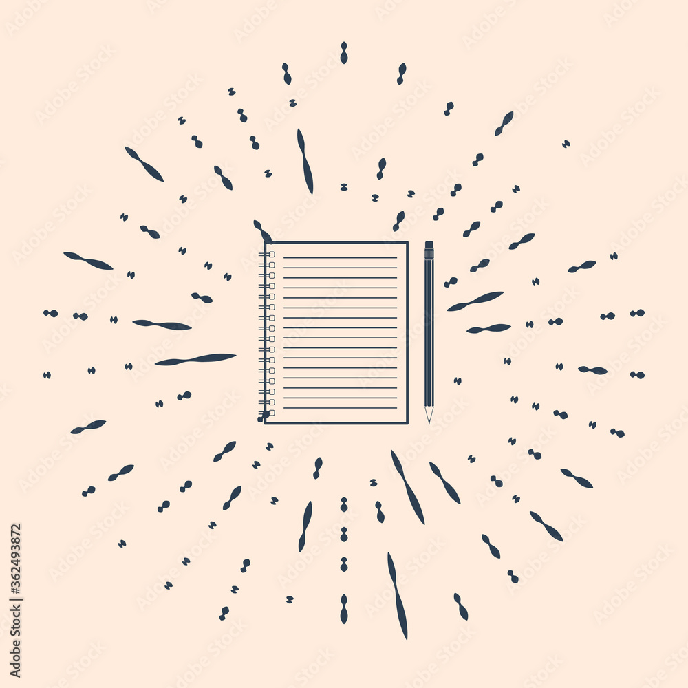 Poster black blank notebook and pencil with eraser icon isolated on beige background. abstract circle rando