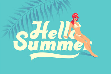 Vector lettering poster with beautiful sitting woman wearing swimsuit