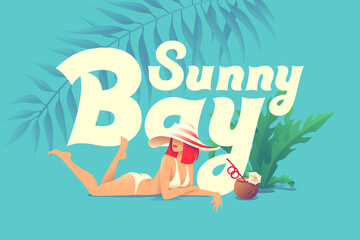 Vector poster with beautiful laying woman wearing swimsuit with cocktail and tropical foliage