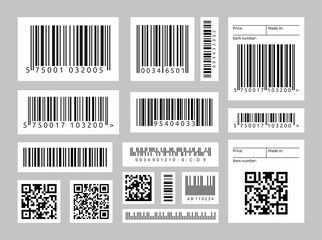 Barcode labels. Vector realistic set of scan bar label, QR codes, industrial price label isolated on white background. Black striped code for supermarket scanning, marketing and digital identification