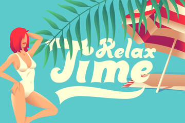 Vector illustration of a pretty woman wearing a swimsuit with a beach umbrella and tropical foliage