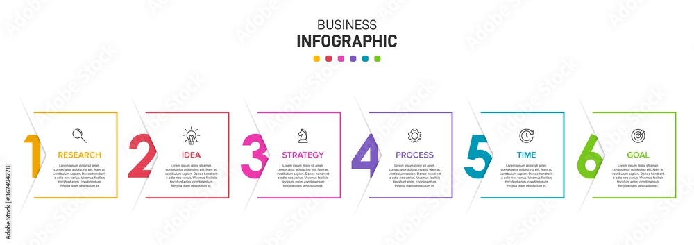 Poster concept of arrow business model with 6 successive isometric steps. six colorful graphic elements. ti