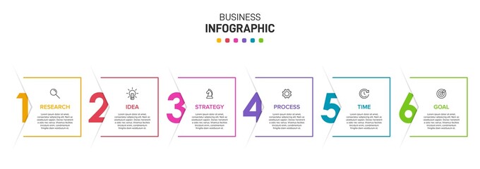 Concept of arrow business model with 6 successive isometric steps. Six colorful graphic elements. Timeline design for brochure, presentation. Infographic design layout