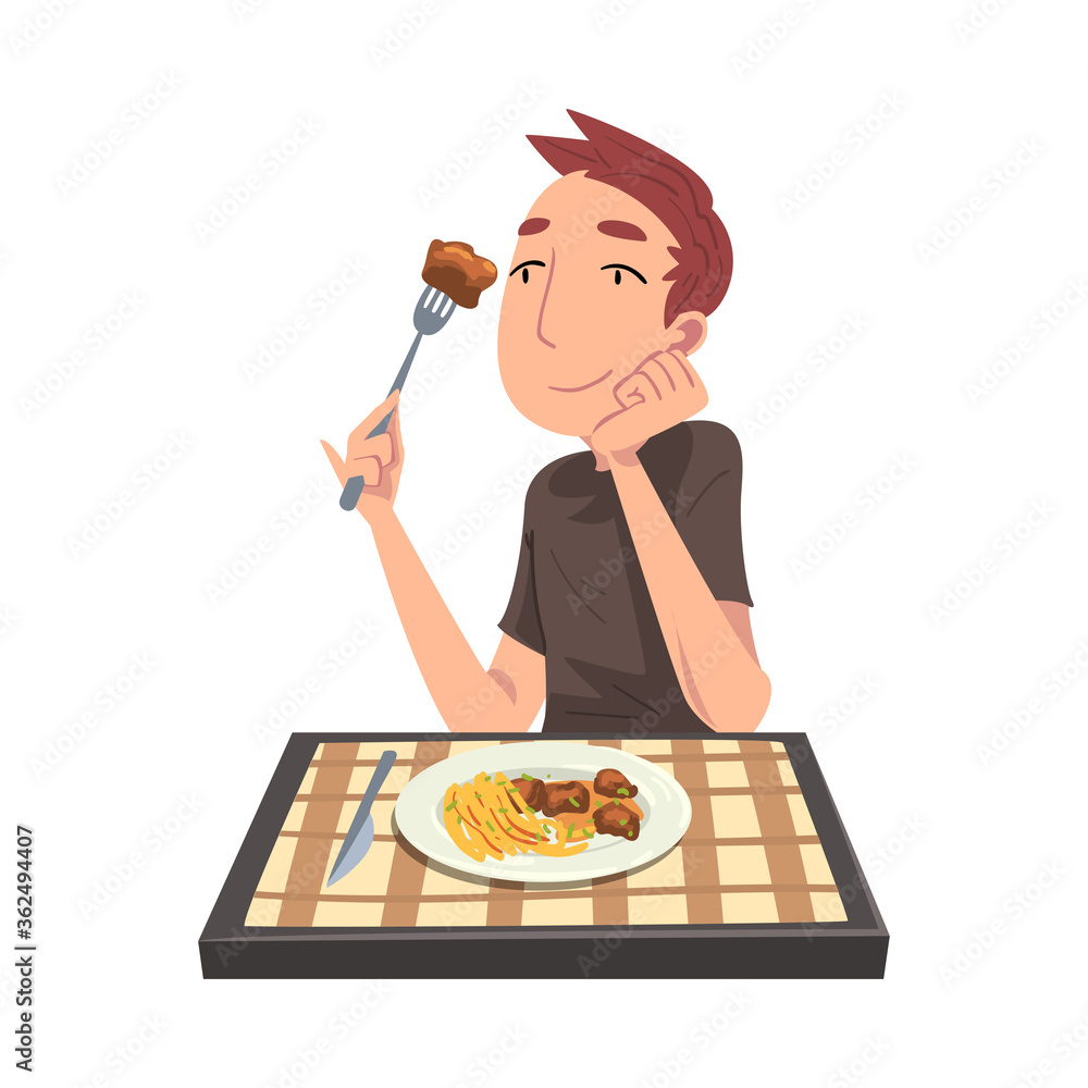 Poster young man eating meat with french fries, cheerful guy sitting at table with checkered tablecloth car