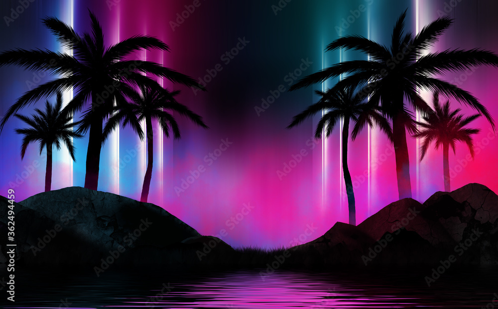 Poster silhouettes of tropical palm trees on a background of abstract background with neon glow. reflection