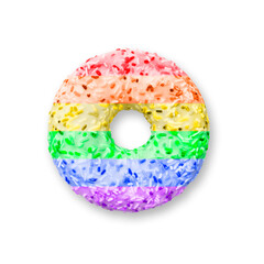 Donut LGBT flag color on a white background, dessert. Sweet pastry donut top view, junk food, comfort food