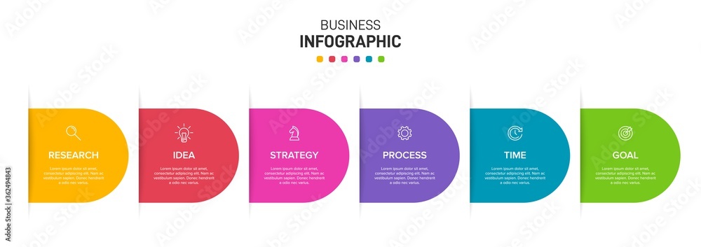 Poster concept of arrow business model with 6 successive isometric steps. six colorful graphic elements. ti