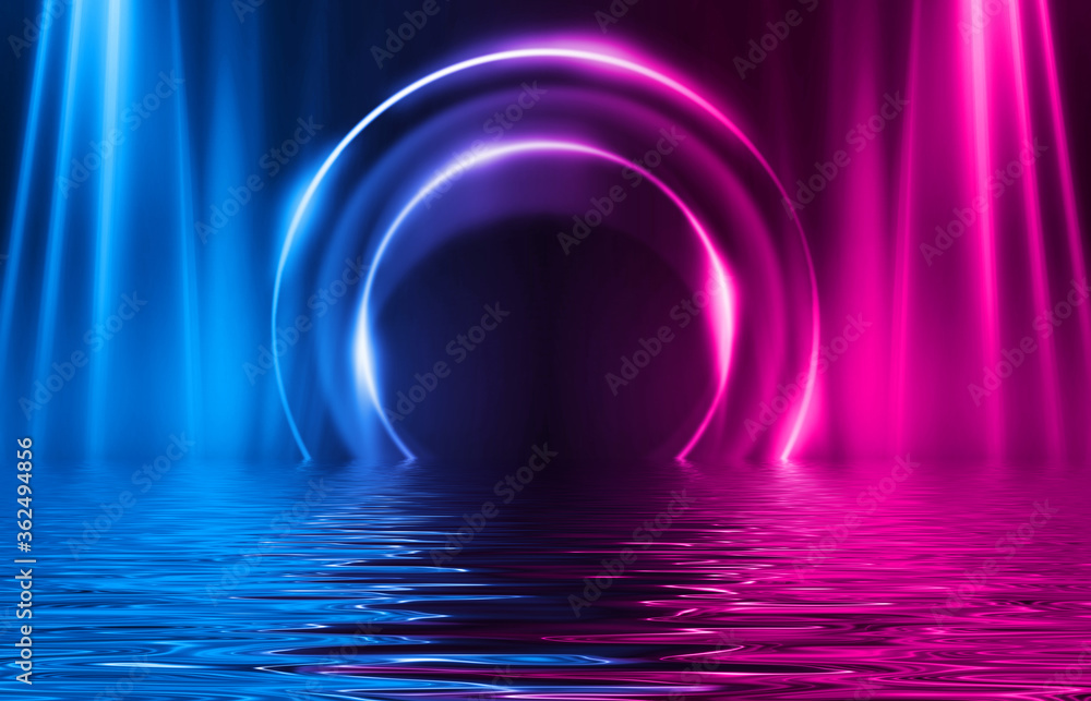 Poster light neon effect, energy waves on a dark abstract background. laser colorful neon show. reflection 