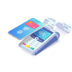 Contactless payment via smartphone isometric concept. 3d payment machine and mobile phone with credit card and fingerprint on screen. Success NFC payment transaction. Vector illustration for web, app