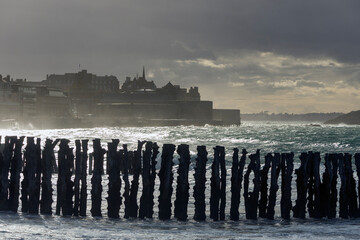 Big high tide and big waves on the Chaussée du Sillon in Saint Malo, Brittany, France