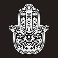 Illustration of a hamsa hand symbol. Hand of Fatima religious. Decorative pattern.