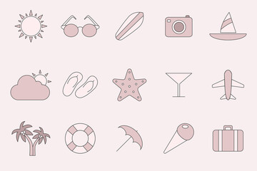 Vacation Icons set - Vector color symbols of travel, holiday day for the site or interface