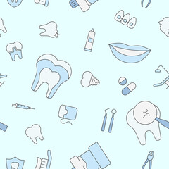 Dentist - Vector color background (seamless pattern) of medicine, tooth, toothbrush, toothpaste, caries and floss for graphic design