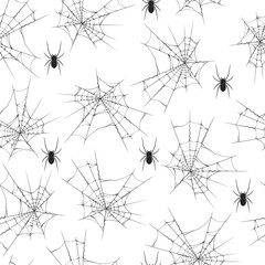 Halloween spiderweb seamless pattern with spiders. Vector isolated realistic background for october night party, invitations. Wrapping paper creepy texture.