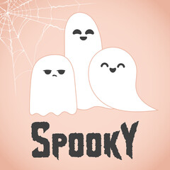 Halloween banner or poster with spooky cute ghosts and phrase. Scary haunted house phantoms. Cartoon boos. October night party poster.