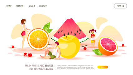 Website design with summer fruits and tiny people. Healthy eating, Organic food, Dessert, Diet, Fresh fruit, Online food ordering concept. Vector illustration for poster, banner, cover.