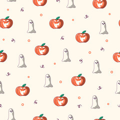 Cute ghost and smiling pumpkin seamless pattern for Halloween party. Vector isolated background for kids wrapping paper or invitations.	