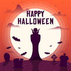 Happy Halloween border with a vampire, bats, cemetery and graves under the moon. Vector isolated horror night banner or poster.