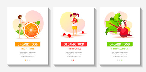 Set of flyers for Healthy eating, Organic food, Diet, Fresh fruit, berries and vegetables, Online food ordering, Farming concept. Vector illustration for poster, banner, cover, flyer.