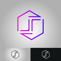 Letter J and R logo vector concept with hexagon frame and purple color gradient