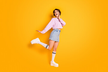 Full length photo of excited cute sweet pretty teen have spring walk look good copyspace impressed she see her friend touch hand face wear jumper isolated over vivid color background