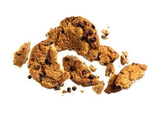 Broken cookies isolated on white background. Bits chocolate cookies levitate. Levitating cookies.