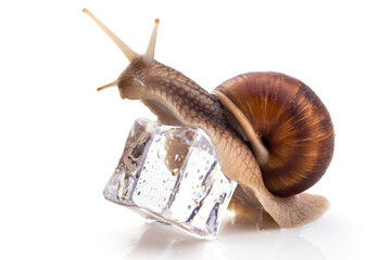 Garden snail (Helix aspersa) on ice cube, isolated on white background. Teamwork concept