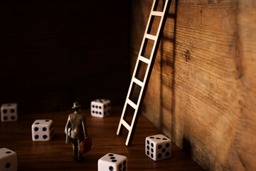 A surrealistic image of a man facing a dead end after trying his luck and encountering a problem....