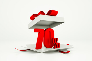 Open gift box with red 70 percent discount on white background - Discount sale concept. 3d rendering
