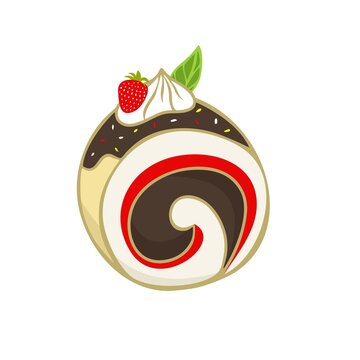 Slice of Strawberry Swiss Roll Cake Vector flat Illustration. Roll Cake with chocolate flavors. Element bakery design for advertising, paper, and more.