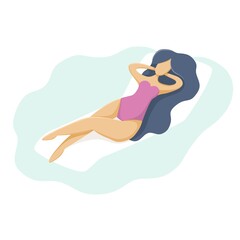 Vector flat design colorful relaxed woman with long dark blue hair, lying on lounge, sunbathing in pink swimming suit, isolated on white background
