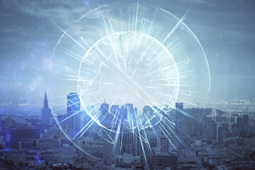 Double exposure of business theme hologram drawing and city veiw background. Concept of success.