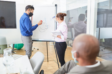 Obraz premium Business people with face masks at a presentation