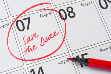 Save the Date written on a calendar - August 07