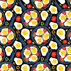 Seamless pattern fried eggs in a frying pan with vegetables, tomatoes, peppers. Healthy brunch on a table. Hand drawn background fresh homemade meal. Traditional breakfast food. International cuisine.