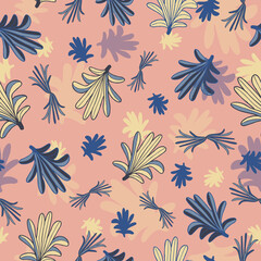 Fototapeta na wymiar Vector blue yellow leaves, palms seamless pattern
