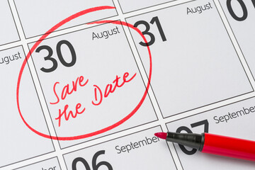 Save the Date written on a calendar - August 30