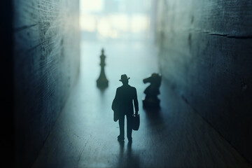 Businessman walks on an unknown road and chess at the end