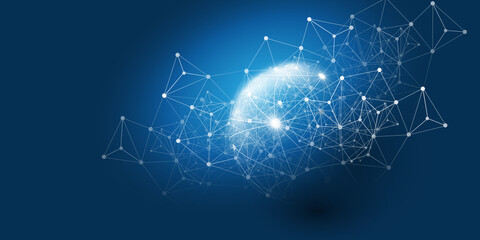 Abstract Blue Minimal Style Cloud Computing, Networks Structure, Telecommunications Concept Design, Network Connections, Transparent Wavy Geometric Mesh - Vector Illustration