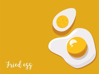 Fried egg and boiled egg on yellow background. 
