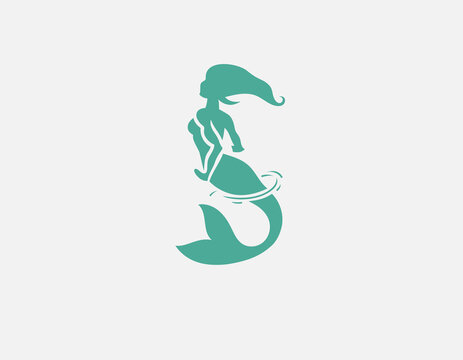 Creative green logo icon silhouette of a mermaid girl in the water