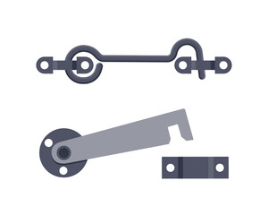 Set of metal door hooks. Steel safety hardware. Vector illustration in flat style on white background.