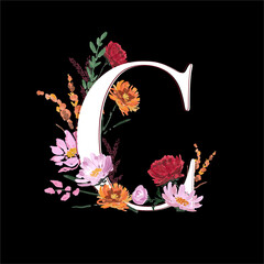 Alphabet modern  C font made ofhand drawn flower brush . Vector EPS10 Big letter C Design for invitations wedding card ,decoration ,T-shirt and all graphic type