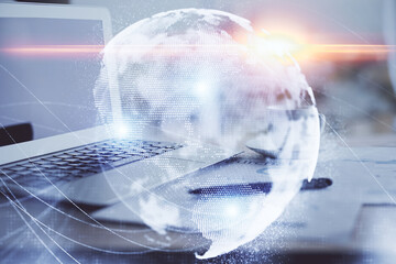 Double exposure of business theme icons and work space with computer background. Concept of success.