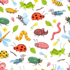 Fototapeta na wymiar Beetle pattern. Isolated bugs, ladybug dragonfly, baby textile design. Cute wild insects background. Floral forest vector seamless texture. Ladybug and dragonfly, bug insect and beetle illustration