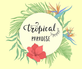 Obraz premium Tropical paradise. Background with exotic flowers and palm leaves