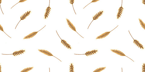 Watercolor Seamless pattern with hay in vintage style for fabrics, paper, isolated on white background for cute postcard, logo, for the design of a children`s room. wheat spikes, sheaf of grain, sheaf