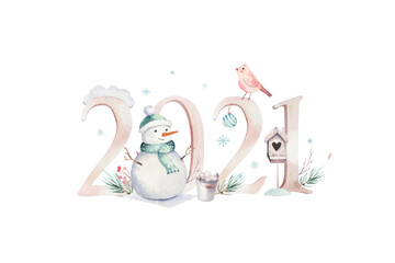 Watercolor Merry Christmas illustration with snowman, 2021 holiday cute animals deer, rabbit. Christmas celebration cards. Winter new year design.