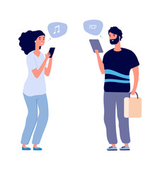 Gadgets using. People chatting, man woman search information in internet. Web connecting and conversation. Flat guys with smartphones vector illustration. Internet smartphone communication