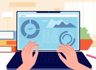 Man work notebook. Marketing interface laptop, making report on office computer. Online digital accountant or study research vector concept. Illustration office work at laptop, marketing development